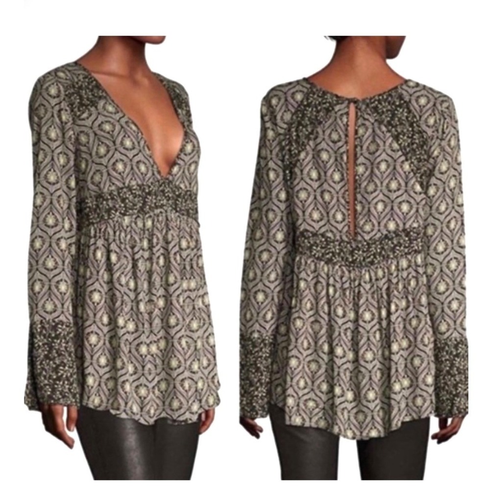 Free People Rolling Hills Print Black V-Neck Tunic |Boho Bell Sleeve‎ XS